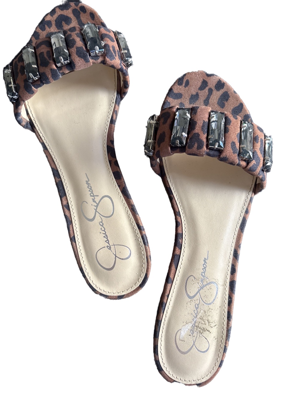 Jessica Simpson Leopard Print Jeweled Slide Sandals - Brown/Black
